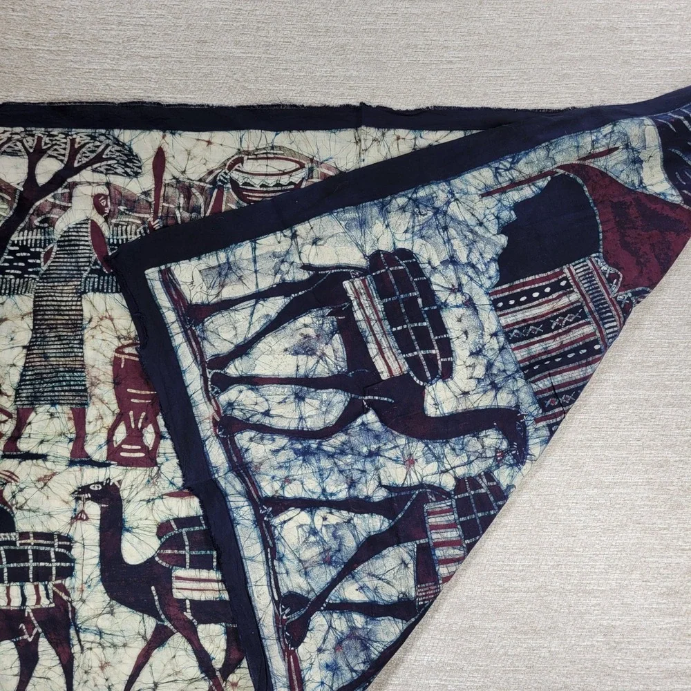 African Batik Dye Art Wall Hanging Camel Caravan Village Scene Tapestry Signed